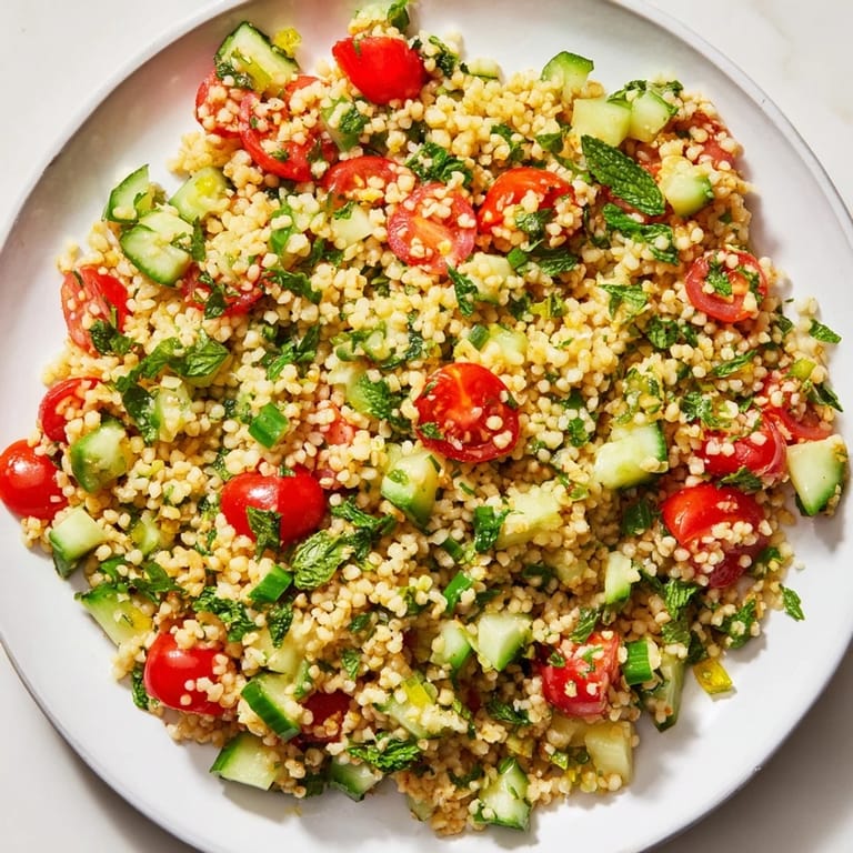 Freshly made bulgur wheat Tabbouleh, featuring crisp cucumbers and a zesty lemon dressing, appealing.