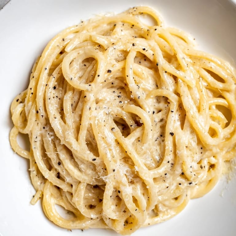 Plated Spaghetti Cacio e Pepe, garnished with extra Pecorino and cracked pepper, ready to be served with a glass of white wine.