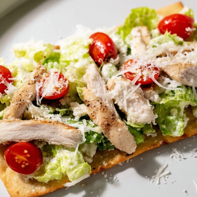 Homemade Caesar Chicken Flatbread featuring seasoned grilled chicken, shaved Parmesan, and creamy dressing on warm, toasted flatbread.