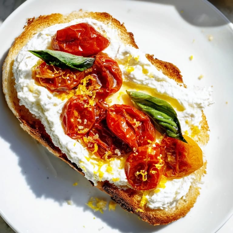 Warm roasted cherry tomatoes over a bed of fluffy whipped ricotta on golden toast, finished with flaky sea salt and a sprinkle of basil.