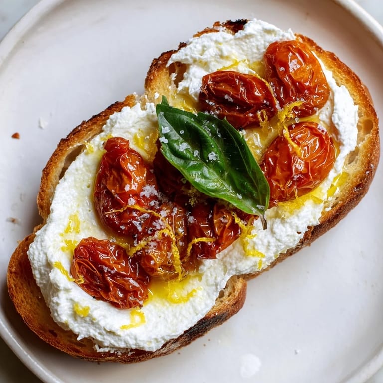 Mediterranean-style tomato ricotta toast with juicy roasted tomatoes, creamy ricotta spread, and a bright hint of lemon zest on toasted bread.
