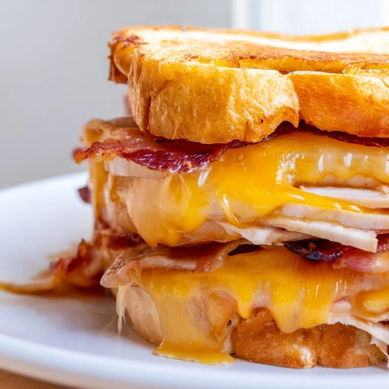 Serve this hearty Turkey Club Grilled Cheese sandwich with a side of dill pickles, showcasing layers of turkey, bacon, and cheese between toasted bread.