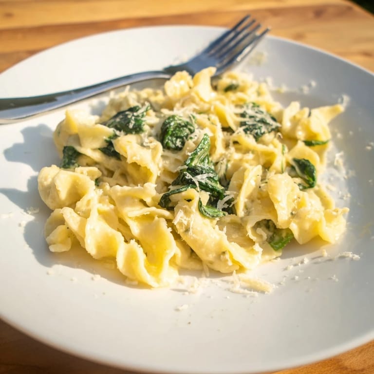 Garnished Creamy Spinach Garlic Noodles ready to serve, paired with a glass of crisp white wine and rustic bread on the side.