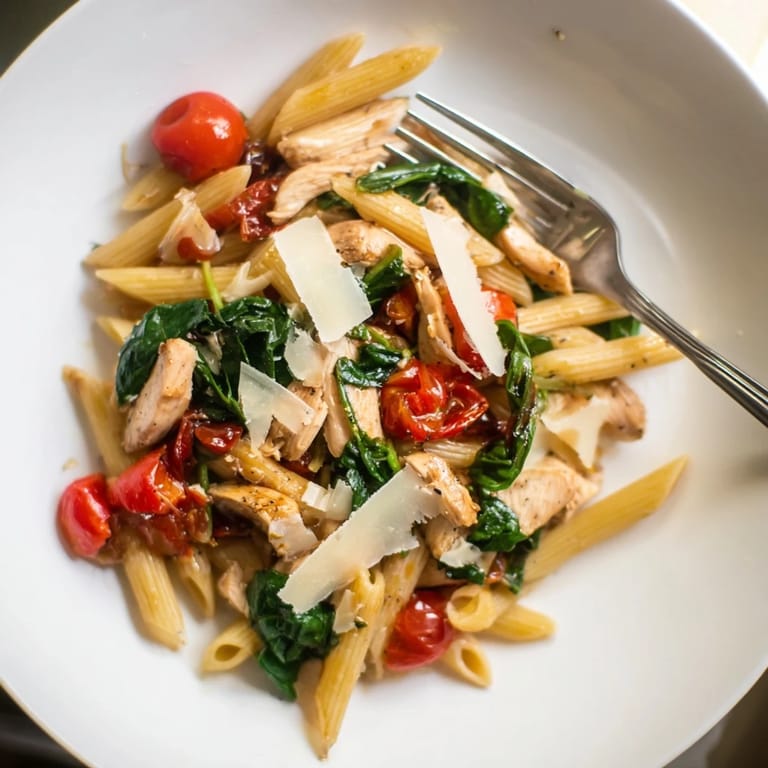 Golden-brown chicken strips and al dente penne coated in a sticky balsamic reduction, mixed with vibrant cherry tomatoes and wilted spinach for a colorful meal.