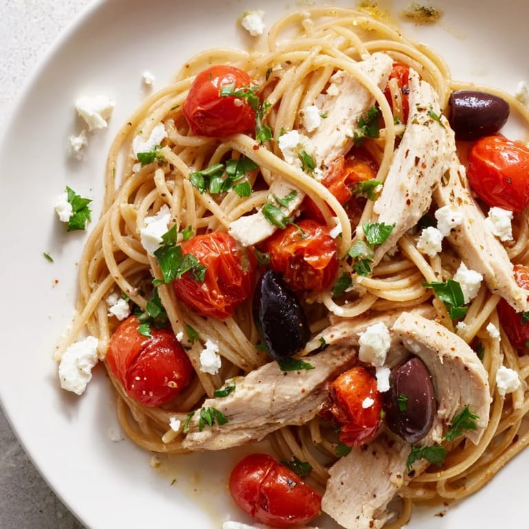 Fresh parsley and Kalamata olives garnish this vibrant Greek Chicken Spaghetti, ready to serve for a family dinner.
