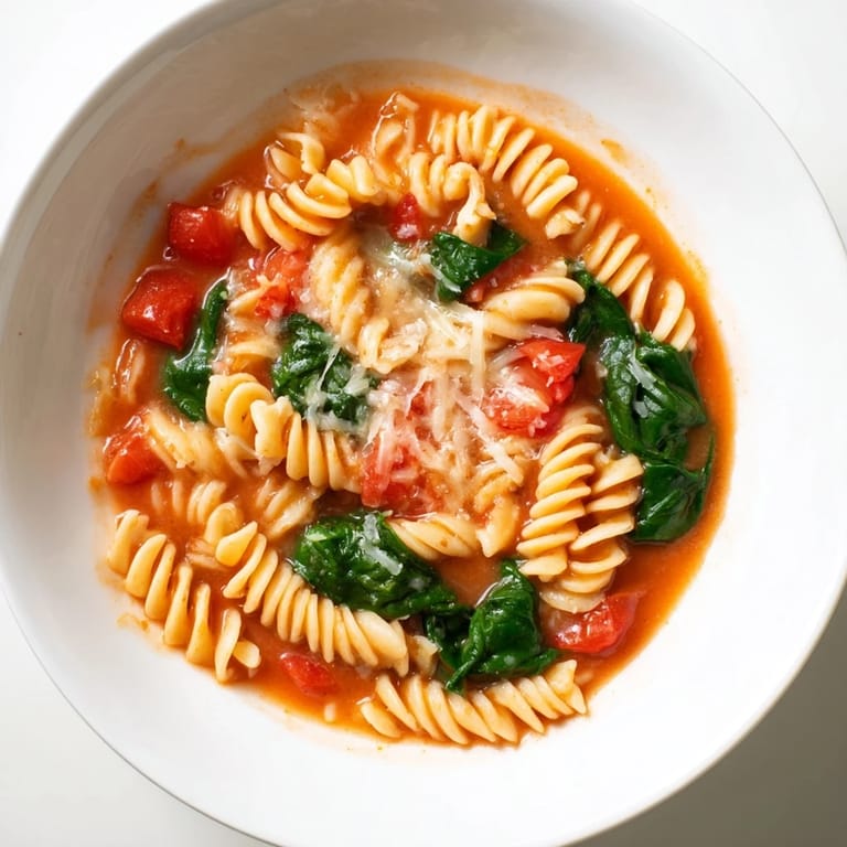 Close-up of Tomato Spinach One-Pot Rotini twirled on a fork, showing tender pasta coated in savory tomato broth.