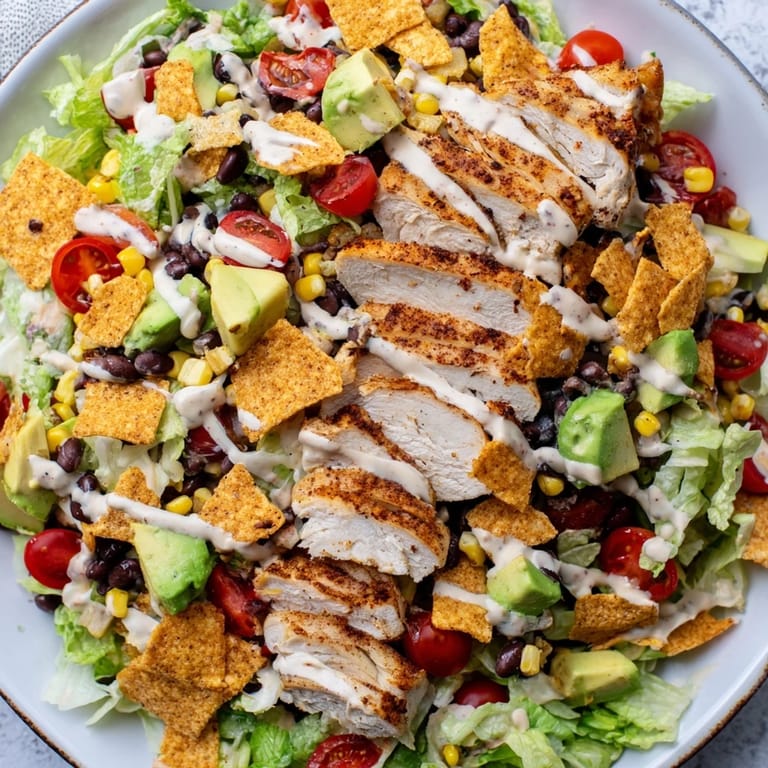 Colorful Crunchy Taco Chicken Salad topped with diced avocado, shredded cheese, and a creamy lime dressing.