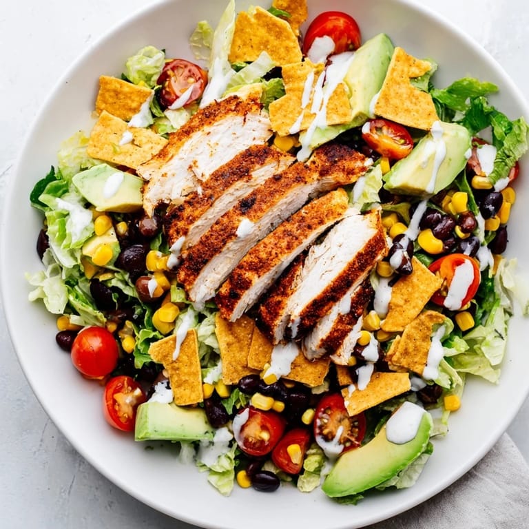 Hearty Crunchy Taco Chicken Salad with black beans, corn, and juicy tomatoes, served as a Tex-Mex dinner.