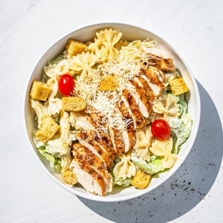 This Caesar Pasta Chicken Bowl is topped with garlic croutons and freshly grated Parmesan for a satisfying lunch or dinner.