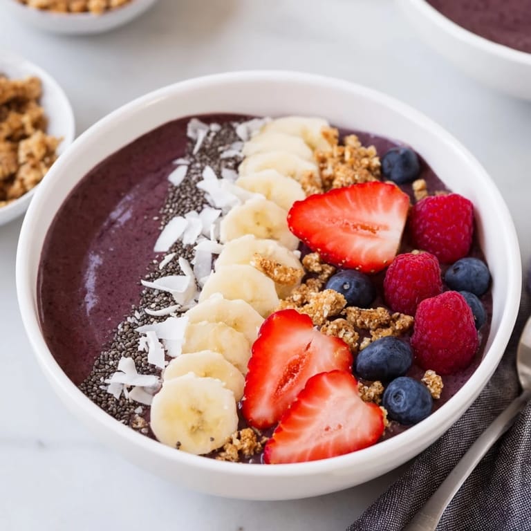 Vibrant purple acai berry smoothie bowl garnished with fresh fruit and seeds, served as a nutritious gluten-free and dairy-free breakfast or snack.