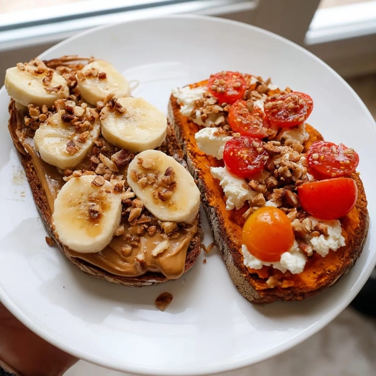 A vibrant plate of sweet potato toast variations featuring warm, toasted rounds and fresh toppings for a nutritious snack.  