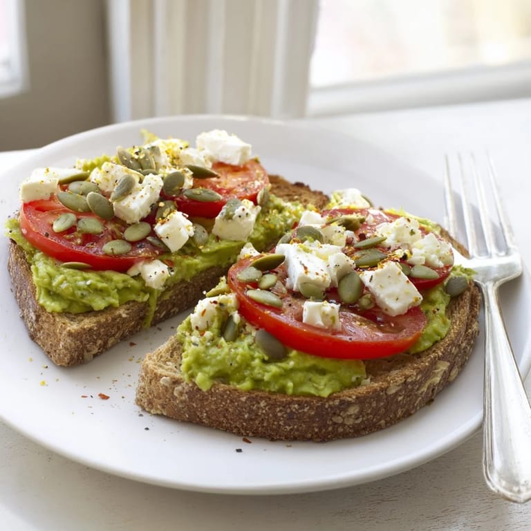Hearty whole grain toast topped with smashed avocado, fresh tomato slices, and crunchy pumpkin seeds for a satisfying snack.