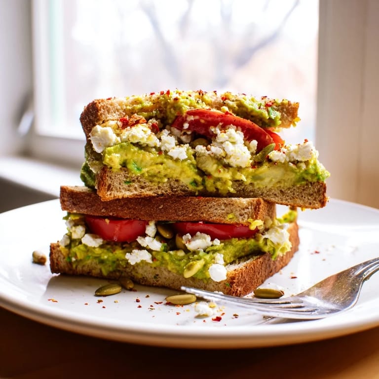 Whole grain avocado toast garnished with feta, red pepper flakes, and sunflower seeds, served warm and ready to enjoy.