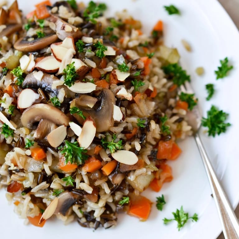 Close-up view of Wild Rice and Mushroom Pilaf featuring diced carrots and celery, highlighting the nutty grains and savory mushroom blend in a rustic serving dish.