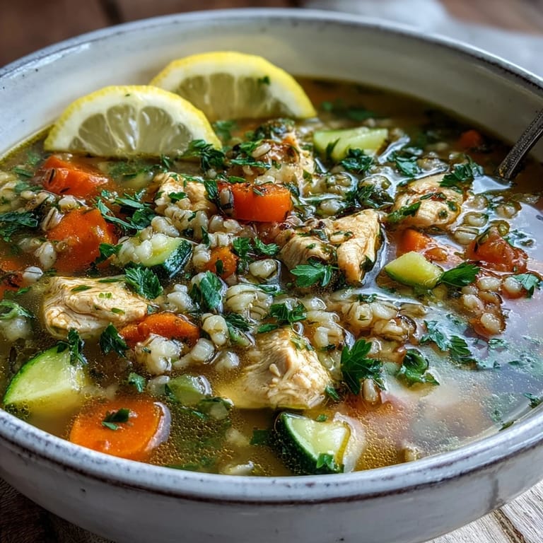 Soothing Turmeric Chicken Barley soup, showcasing vibrant golden broth and nourishing ingredients ready to serve.