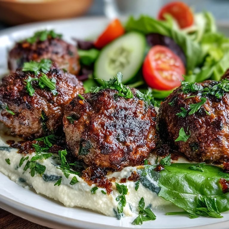 Plate of venison meatballs with spiced salad and hummus, drizzled with olive oil and lemon.