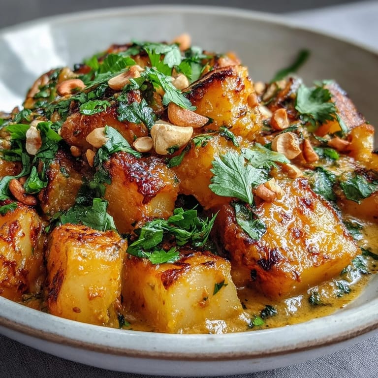 Earthy roasted celeriac cubes coated in a golden curry sauce. This Curried Celeriac recipe is garnished with fresh cilantro and chopped cashews, ready to be served alongside warm naan bread.