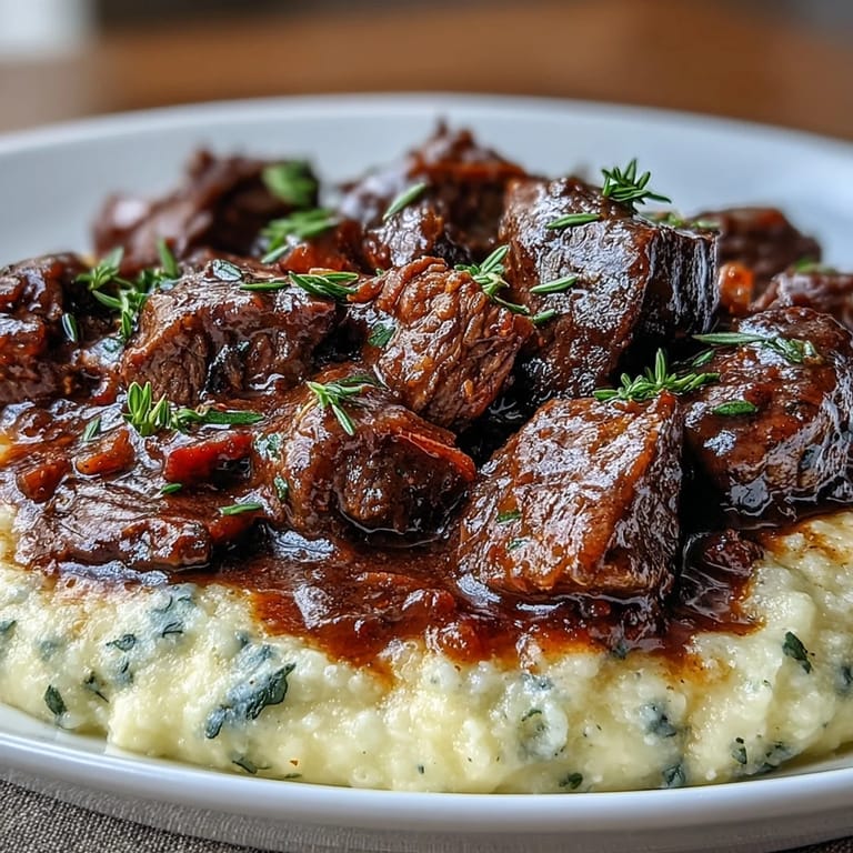 A rustic bowl of venison stew with sloe gin, rich with aromatic vegetables and served beside a mound of fluffy, buttery polenta.