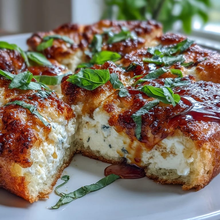 A close-up of Hot Honey Ricotta Pizza, sliced into wedges, topped with fresh basil leaves and a glossy swirl of spicy honey.