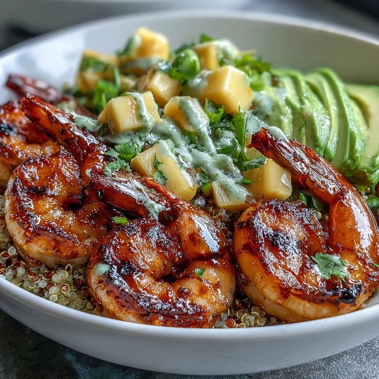 A close-up shows smoky shrimp nestled beside avocado slices and nutty quinoa, finished with vibrant mango salsa.