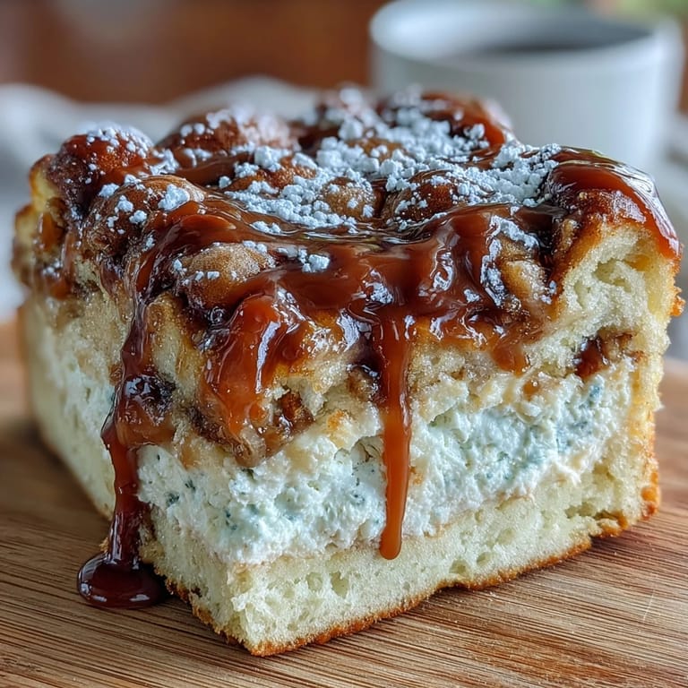 Homemade Caramel Cream Cheese Bread loaf cut to show tender crumb and sweet caramel ribbon, served with coffee.