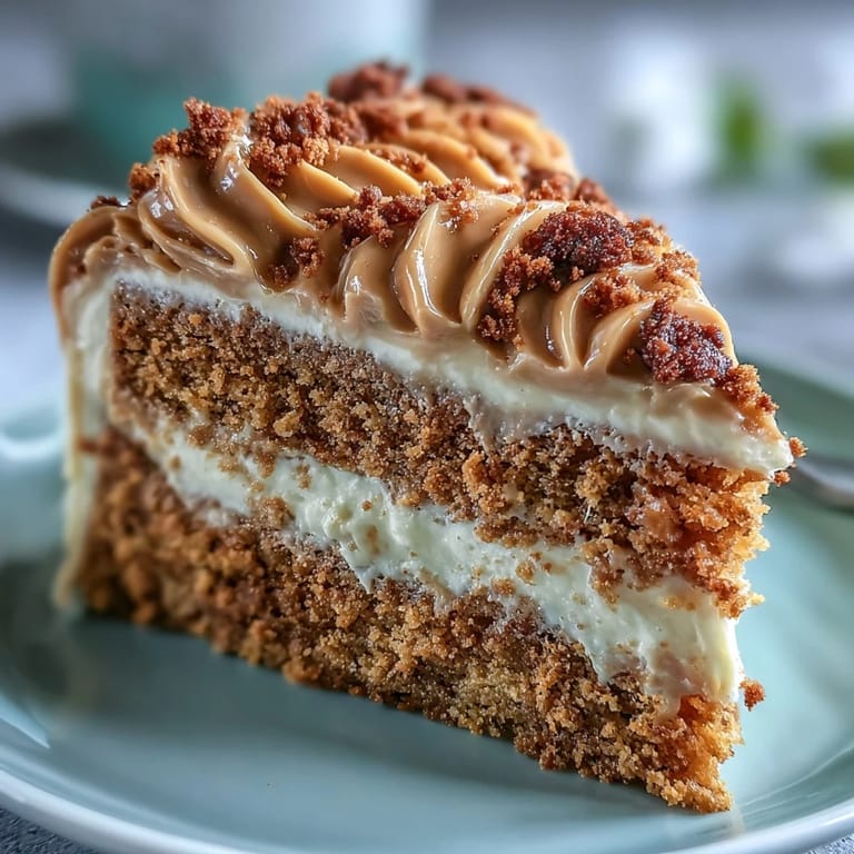 Overhead view of the Decadent Baked Biscoff Cake with Creamy Lotus Frosting, drizzled with extra spread beside a steaming cup of coffee.