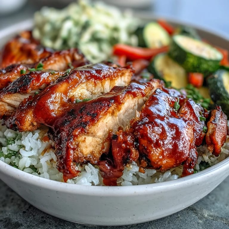 A hearty BBQ Chicken Bowl garnished with extra sauce, vibrant veggies, and creamy coleslaw for a satisfying meal.
