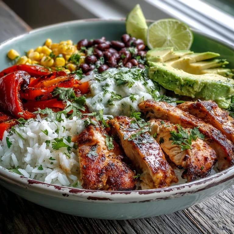 A hearty Cajun Chicken Bowl topped with sweet corn, red onions, cilantro, and lime wedges on a rustic wooden table.