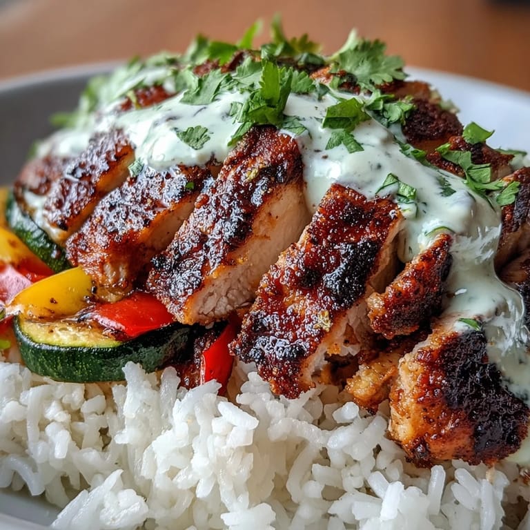 Brightly colored sautéed vegetables and sliced blackened chicken over rice, garnished with fresh cilantro and a drizzle of zesty lime crema.