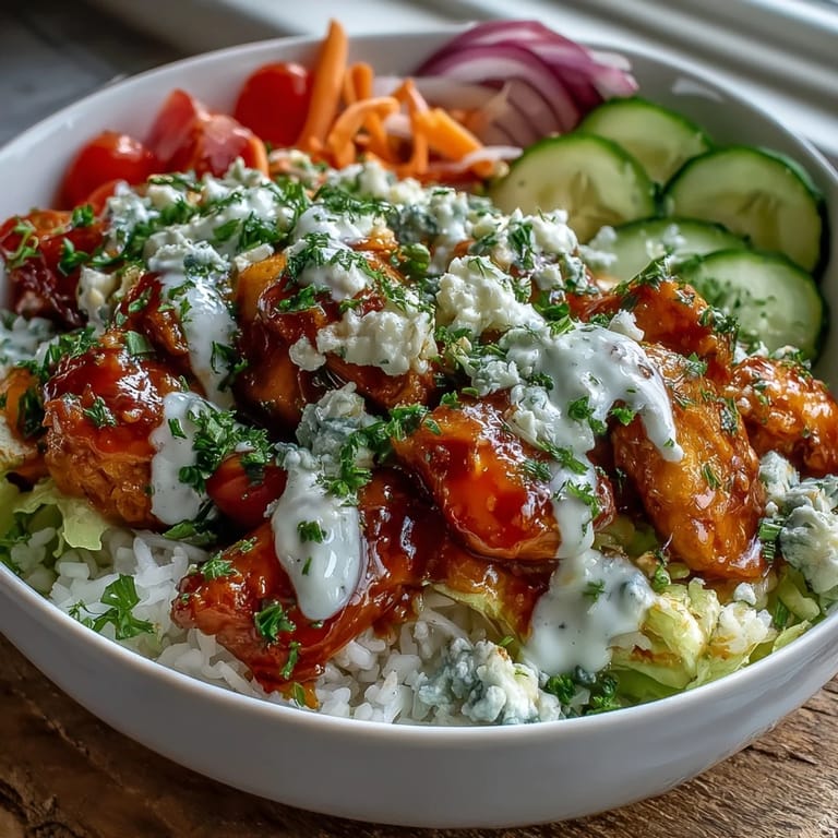 Deconstructed Buffalo Chicken Bowl with cucumber slices, red onion, and ranch on a wooden table.