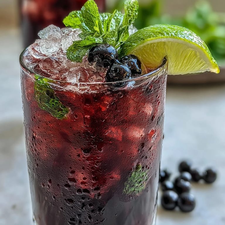 Vibrant purple Black Currant Mojito topped with club soda and garnished with a lime wedge on crushed ice.