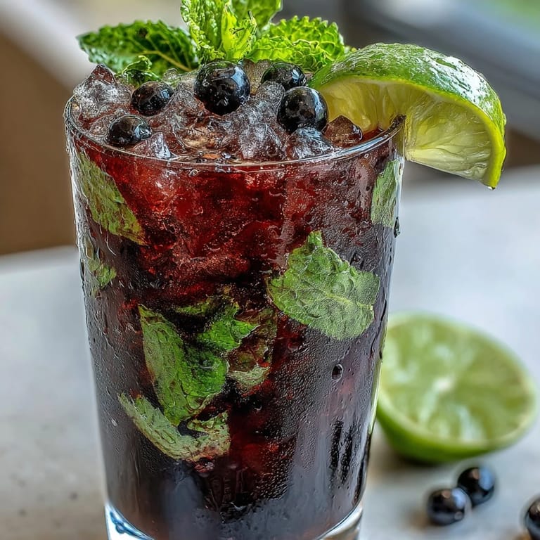 Summer-ready Black Currant Mojito featuring fresh mint and black currants, served in a bar glass for a happy hour.