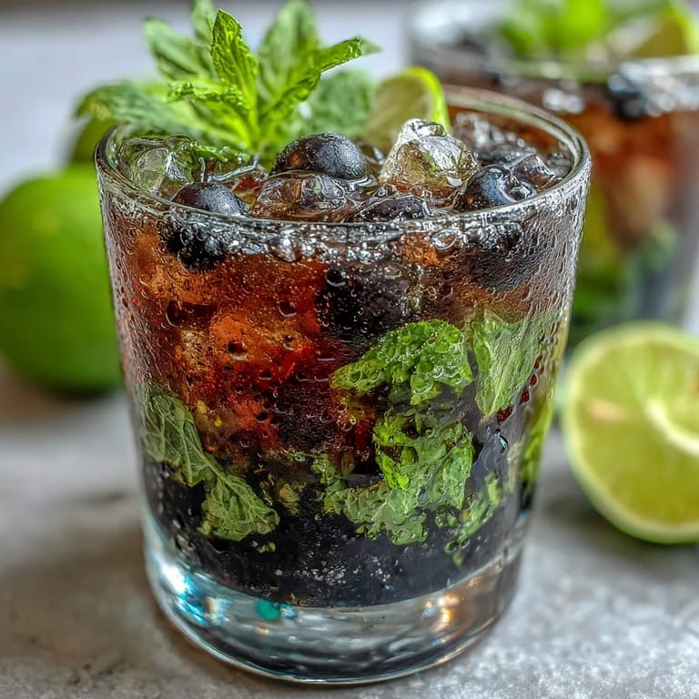 Top-down view of a Black Currant Mojito garnished with fresh mint sprigs, lime wheels, and ripe black currants on a rustic wooden table.