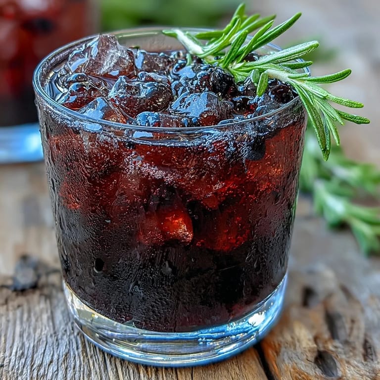Shaken Black Currant Rosemary Cocktail poured over ice, revealing a deep red hue and bright citrus aromatics.