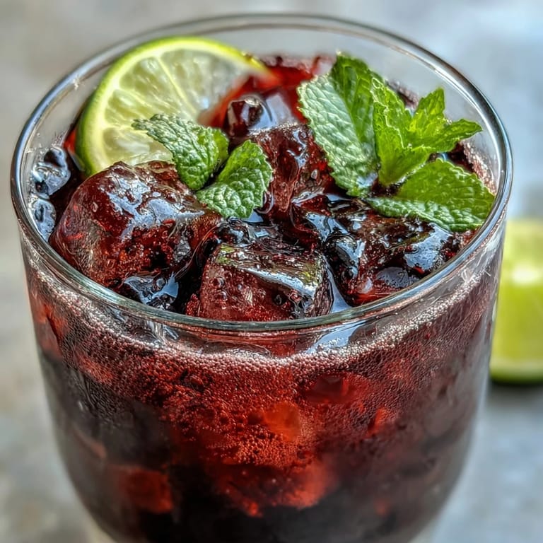 Two refreshing Tangy Blackcurrant Mojitos garnished with fresh mint, ripe blackcurrants, and lime wedges on a rustic wooden table.