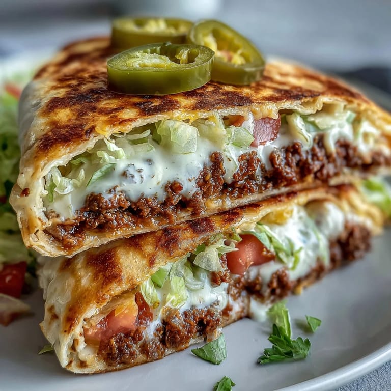 The crispy folded Keto Crunchwraps show melted cheese sauce and savory beef filling for a low-carb Tex-Mex meal.