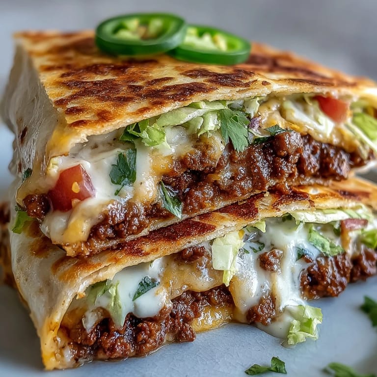 Fresh Keto Crunchwraps topped with cilantro and jalapeños, sliced to reveal the savory beef and cheese sauce inside.