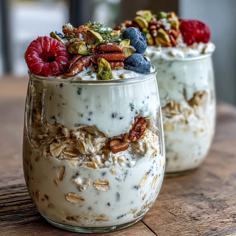 A creamy spoonful of Pistachio Overnight Oats lifted from a jar, showing rolled oats and chia seeds.