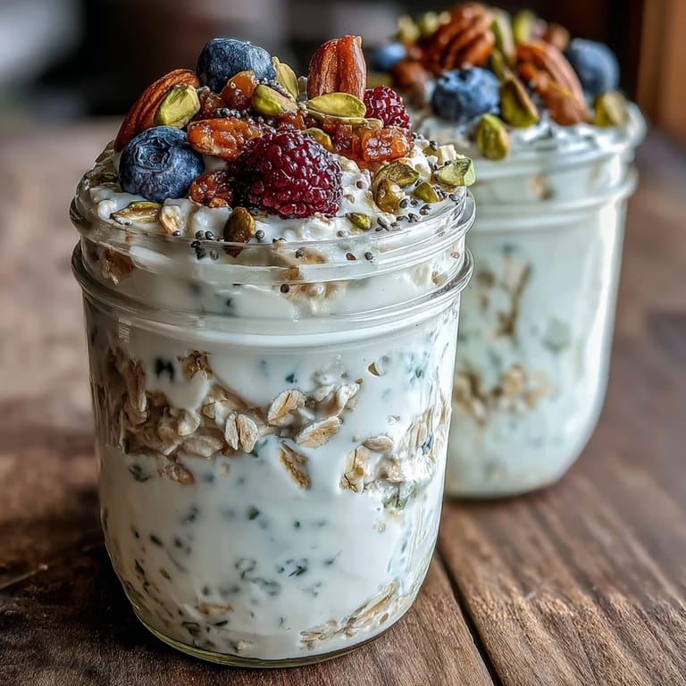 Chilled Pistachio Overnight Oats in a jar with a spoon, served beside a glass of milk for breakfast.