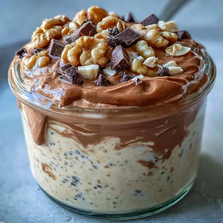 Rich chocolate and peanut butter Chunky Monkey Protein Overnight Oats topped with extra banana and walnuts for a hearty breakfast.
