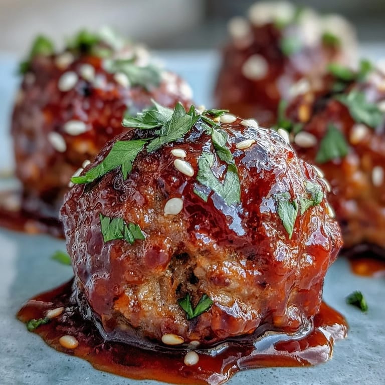 A close-up of Spicy Chili Honey Turkey Meatballs highlighting their juicy texture and sticky chili honey glaze on a dark plate.