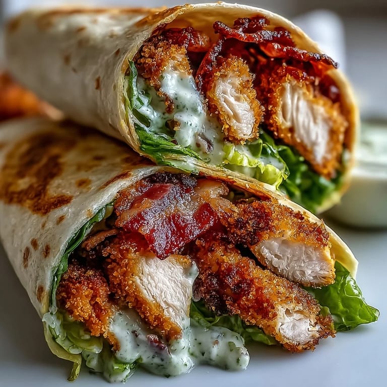 Freshly assembled Crispy Chicken Bacon Caesar Wraps, ready to be served for a satisfying lunch or dinner.