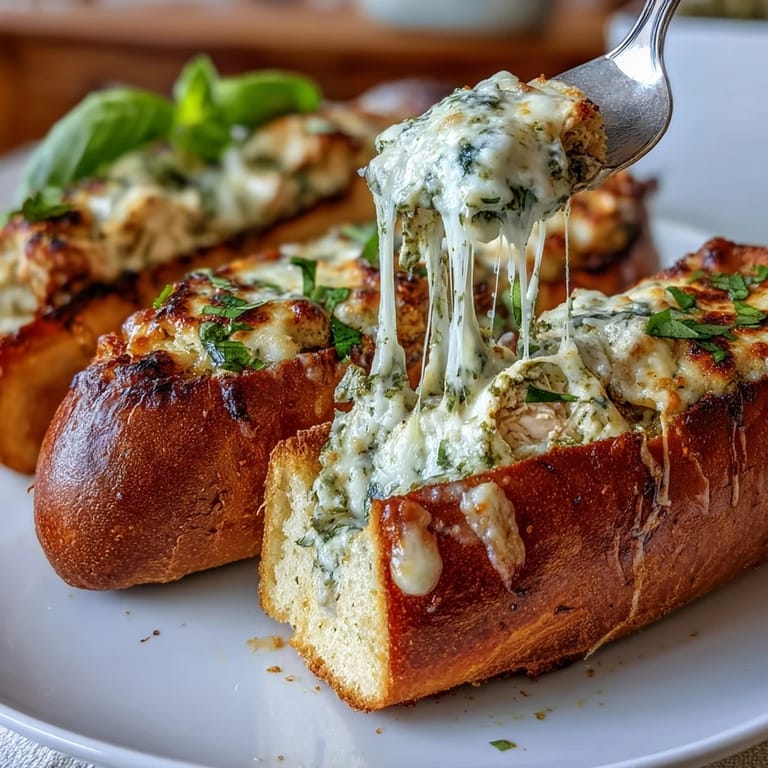 Fresh basil garnish rests on melted cheese covering the savory, baked appetizer.