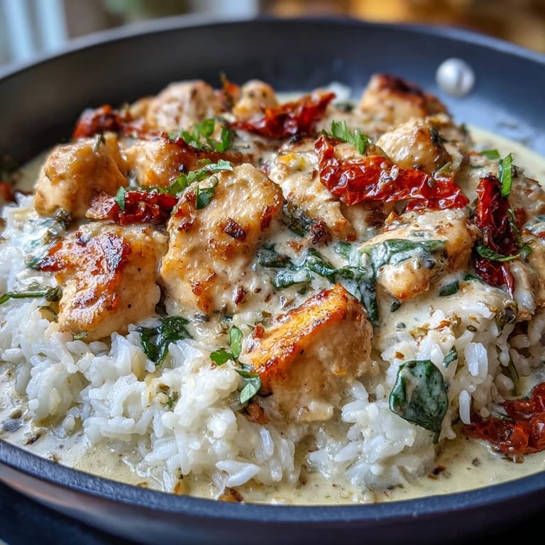 Tender chicken and fluffy rice simmer in a creamy garlic-Parmesan sauce with sun-dried tomatoes and spinach.