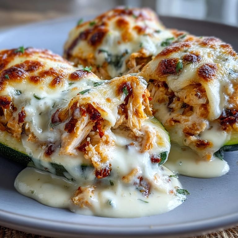 Roasted zucchini boats stuffed with creamy garlic chicken, served on a white plate ready for a low-carb family dinner.