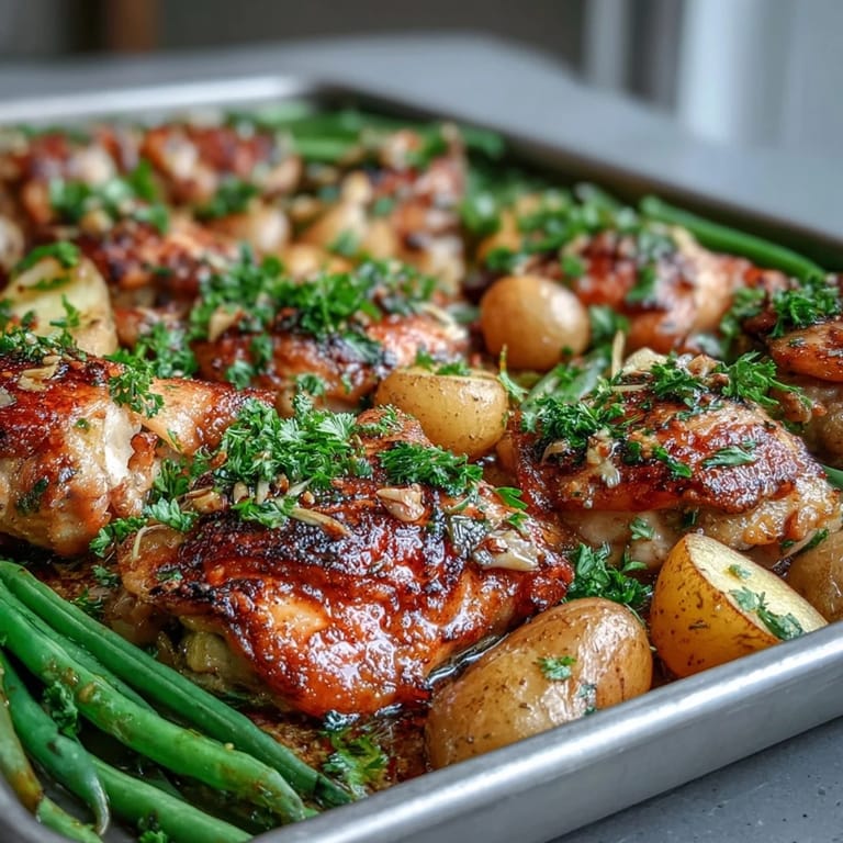 Golden chicken breasts, crisp baby potatoes, and tender green beans sizzling on a sheet pan after roasting.
