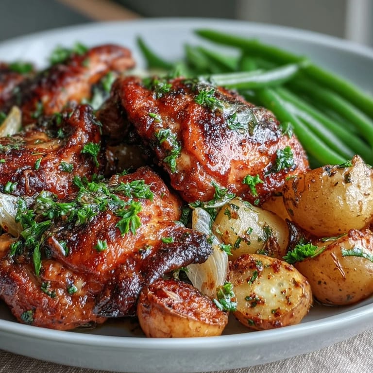 A plated serving of Sheet Pan Lemon Garlic Chicken with potatoes and green beans alongside lemon wedges.
