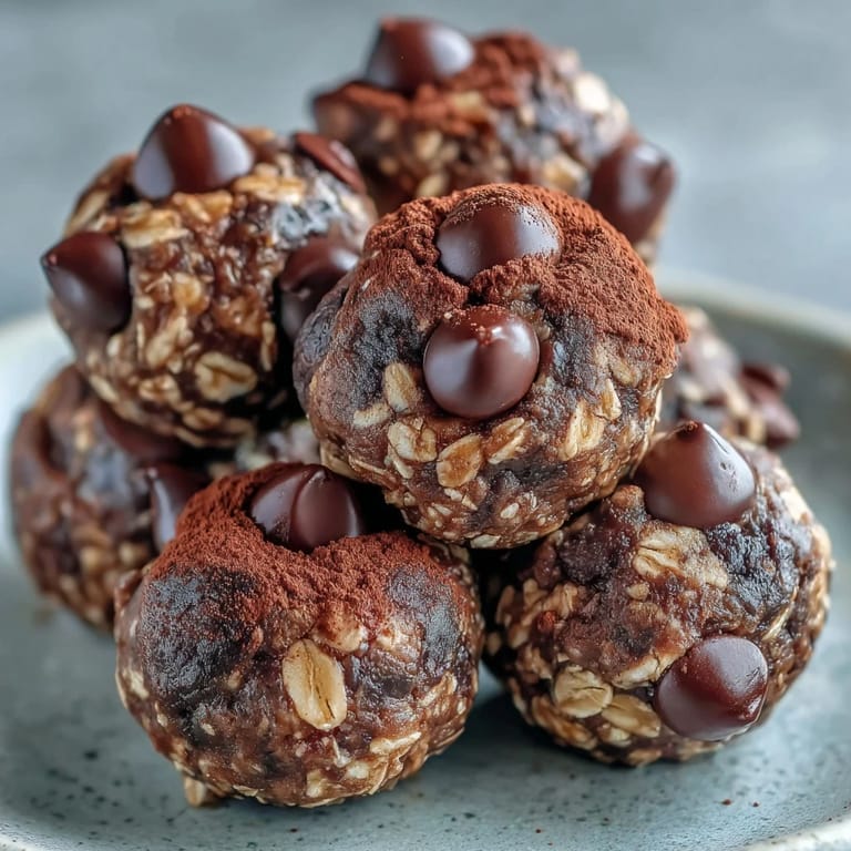 A close-up of a bitten Vegan Chocolate Peanut Butter Protein Ball, revealing a moist, oat-packed interior with creamy peanut butter swirl.