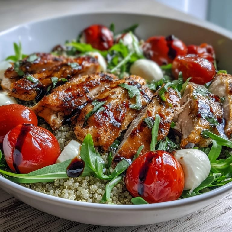 Vibrant colors of fresh basil and red tomatoes highlight this healthy Grilled Chicken Caprese Bowls with Balsamic Reduction recipe.