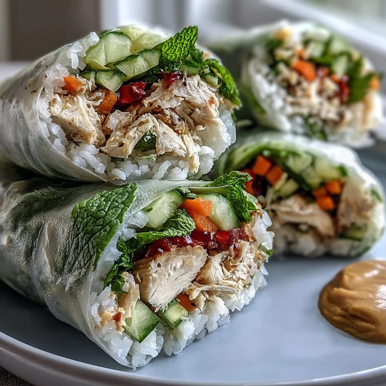 Fresh Light Chicken and Veggie Spring Rolls with Peanut Sauce served on a wooden board, garnished with peanuts and herbs.